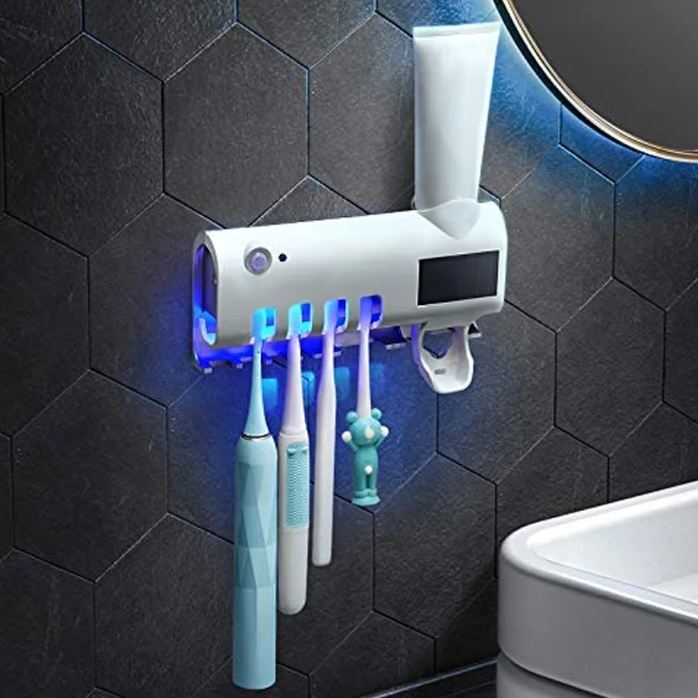 

UV Toothbrush Sanitizer Holders Solar Powered Wall Mount with Toothpaste Dispenser WWO66