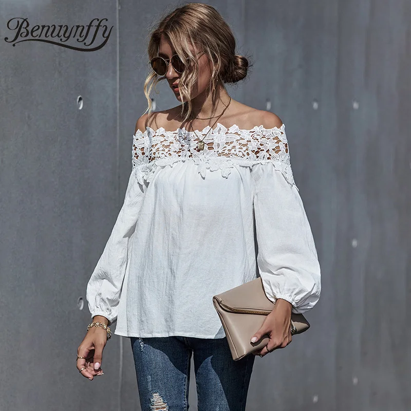 

Benuynffy White Lace Patchwork Off Shoulder Top Blouse Women 2020 Autumn Slash neck Long Sleeve Casual Ladies Tops And Blouses