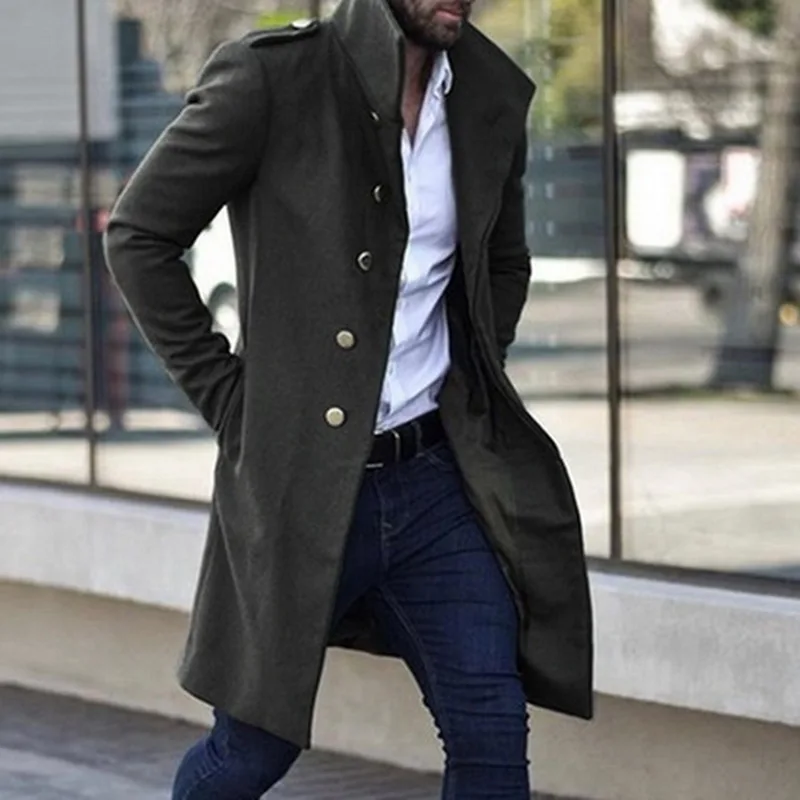 Мужское пальто, Тренч, мужская куртка, тонкая, солидная, с воротником-стойкой, однобортный, мужской Тренч, длинная куртка, мужское повседневное пальто - Цвет: black