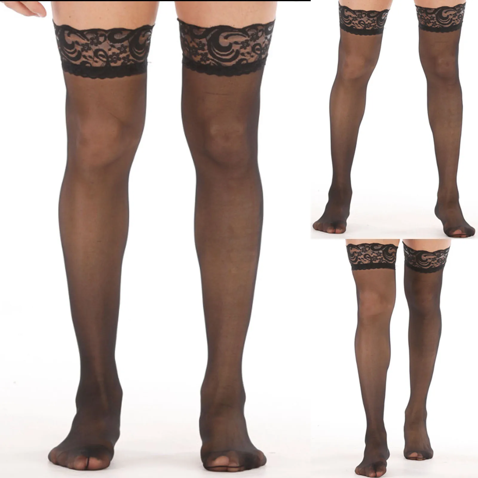 

Men's Lace Stockings Sexy Legs Long Tube Transparent Over Knee Thigh High Stocking Stockings Exotic Sissy Gay hose 2021 NEW