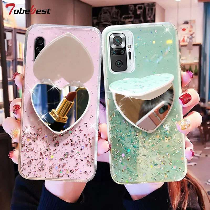 Herz Spiegel Pailletten Glitter Telefon Fall Für Xiaomi Redmi Hinweis 10 Pro Max 4G 5G Coque Silber Folie transparent Weiche Silikon Abdeckung_voghion.com
