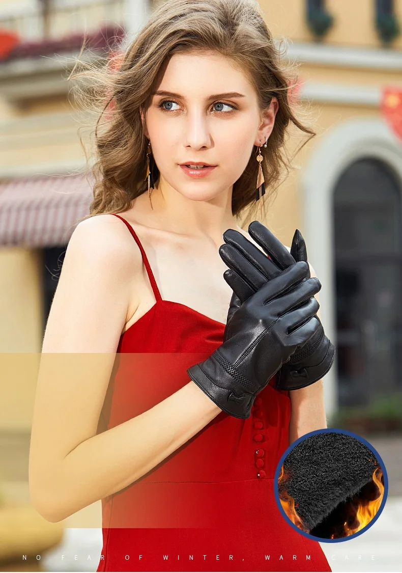 BISON DENIM, Натуральная овечья кожа, женские теплые перчатки, Осень-зима, утепленные, сенсорный экран, модные перчатки для женщин, S017