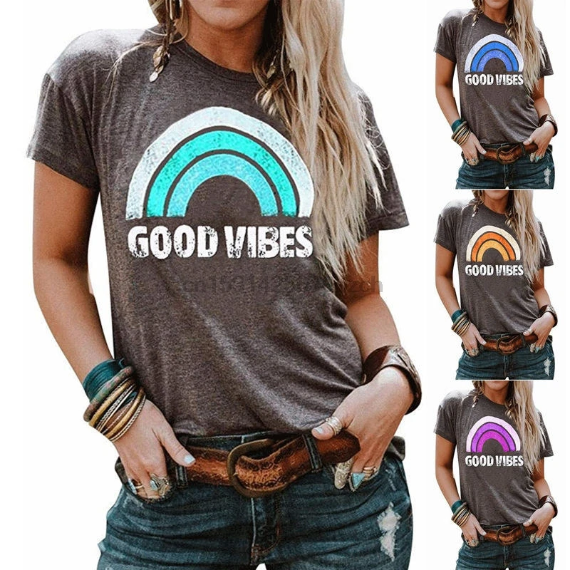 Женская забавная Радужная уличная одежда Good Vibes с круглым вырезом графика