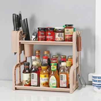 

High Quality Kitchen 2-Layer Storage Rack Seasoning Cans Shelf Cutter Fork Holder Organizer Durable And Practical To Use