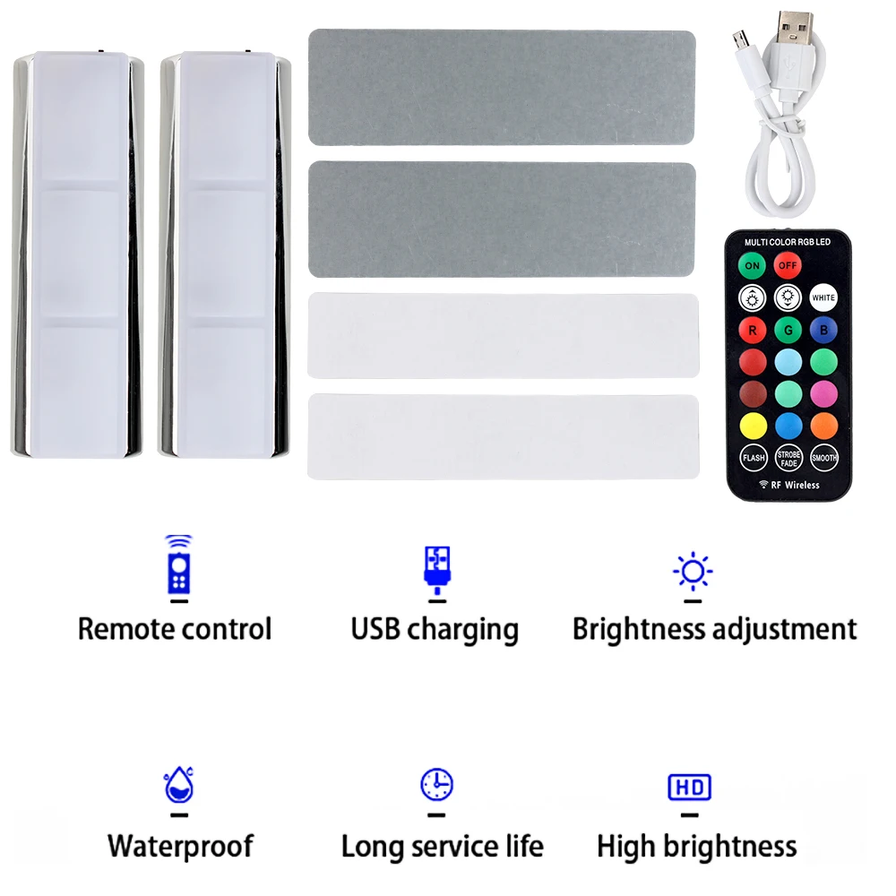 자동 RGB 충전 풋 라이트, 자동차 인테리어 분위기 조명, 무선 원격 LED, 자동차 장식 램프, 2 개