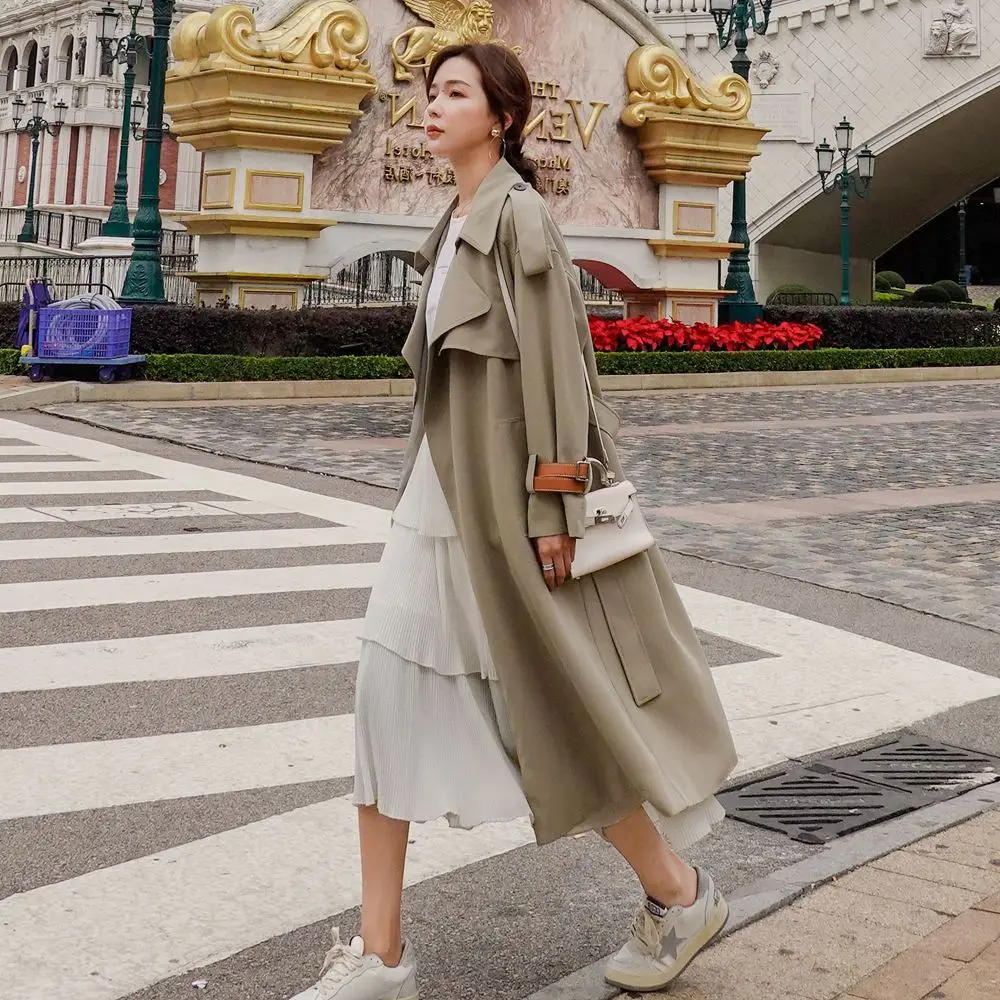 

Photo Shoot CHIC Elegant Long Coat 2020 Spring New Style WOMEN'S Dress Retro Young-Style Waist Hugging Lace-up Trench Coat