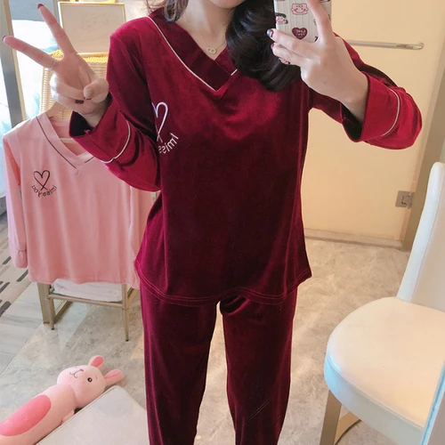 R HS 8887 hong New Arrivals WAVMIT Winter New Women's Flannel Long Sleeve Pajamas Set V-neck Women Sleepwear Gold Velvet Pyjamas Outwear - Цвет: R HS 8887 hong