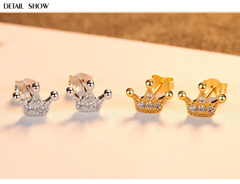 CZCITY 925 Sterling Silver Cute Princess Crown Stud Earrings for Women Sparkling Femme Earrings Jewelry Party Accessories Gifts