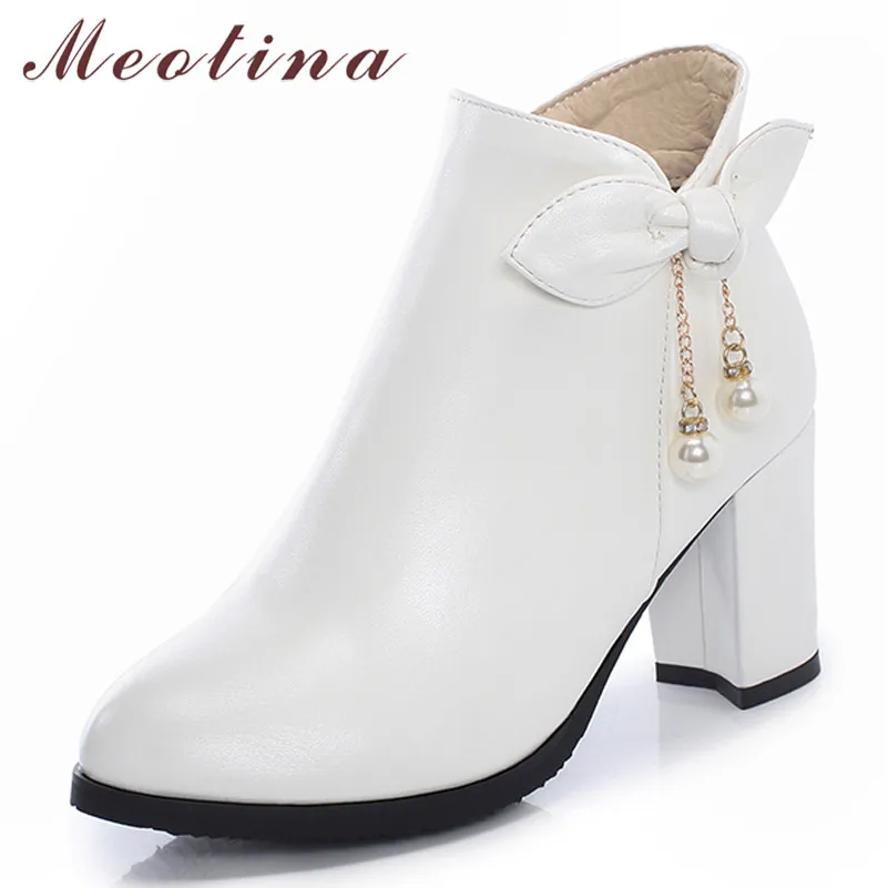 

Meotina Women Boots Winter Ankle Boots Bow Zipper Block Heel Short Boots Pearl Extreme High Heel Shoes Ladies Autumn Size 33-43