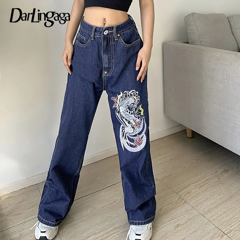 Darlingaga Jeans larghi con stampa drago stile cinese di moda per donna  Streetwear pantaloni dritti Vintage in Denim pantaloni a vita alta|Jeans| -  AliExpress