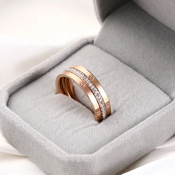 Luxury High Quality Stainless Steel Zircon Rings Set Women Romantic Rose Gold Engagement Gift Ring Female Party Finger Jewelry