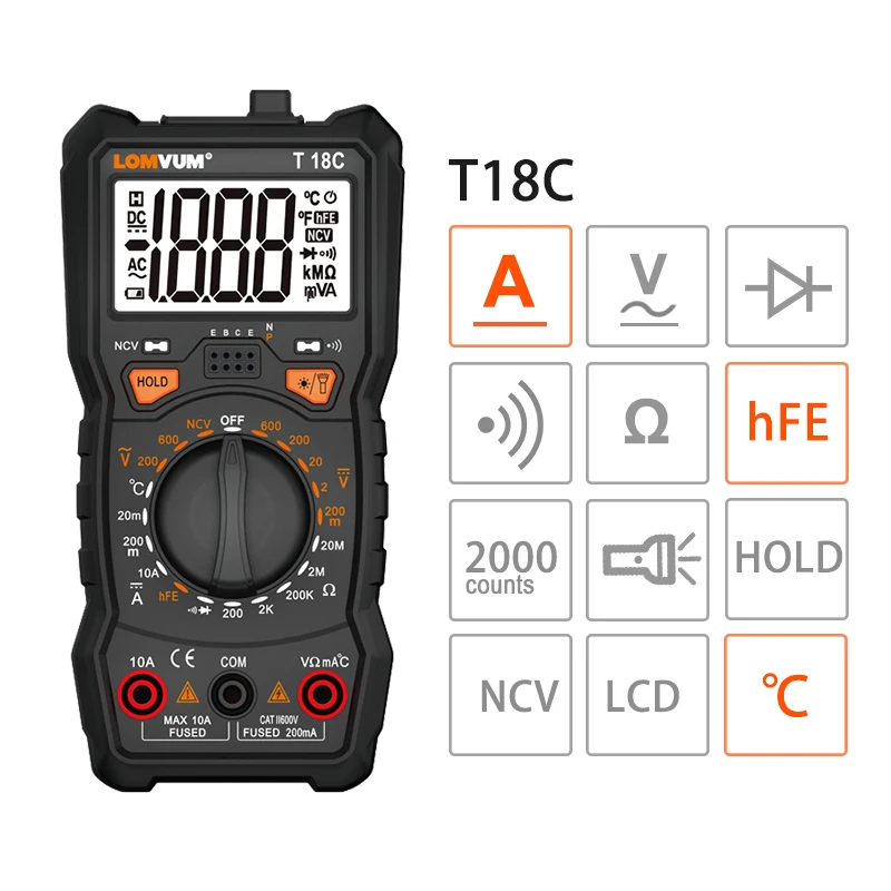 LOMVUM мультиметр True RMS 6000 отсчетов Высокоточный цифровой мультиметр NCV умный мультиметр Авто Диапазон AC/фонарик постоянного тока - Цвет: T18C