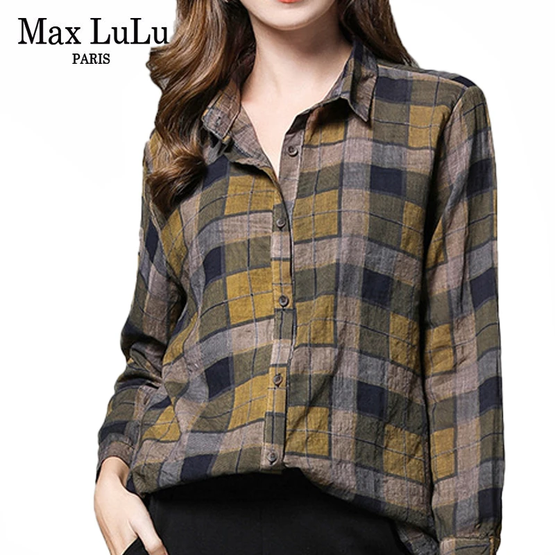 

Max LuLu 2019 Korean Fashion Autumn Girls Plaid Shirts Women Punk Tops Cotton Blouses Loose Chemises Female Oversized Clothes