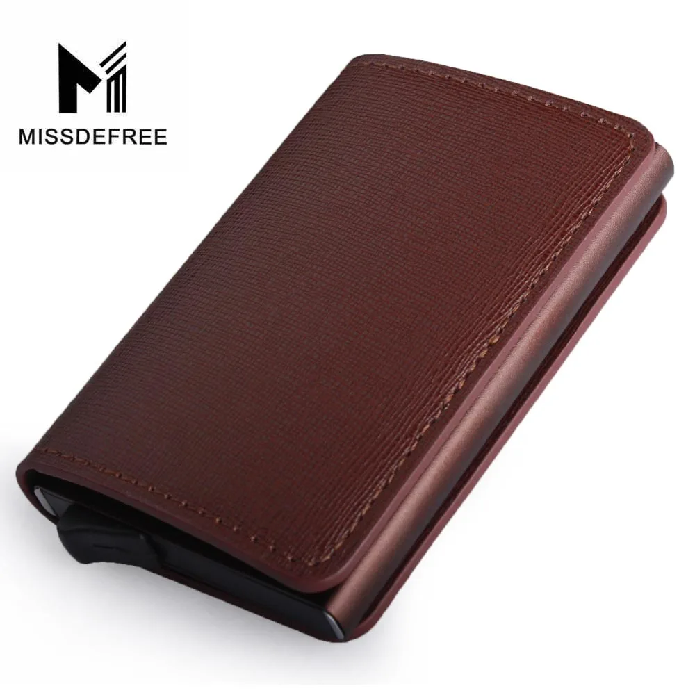 Brown Leather C Алюминиевый кошелек с эластичным задним карманом ID держатель для Карт Rfid Блокировка мини тонкий кошелек автоматический всплывающий чехол для кредитных карт - Цвет: Brown Leather C