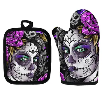 

Skull Day of the Dead Gothic Style Kitchen Cooking Microwave Oven Gloves Mitts Pot Pad Heat Proof Protected Baking Accessories