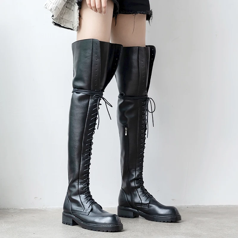 MORAZORA genuine leather shoes women thigh high boots lace up zip low heels platform shoes woman Motorcycle boots black