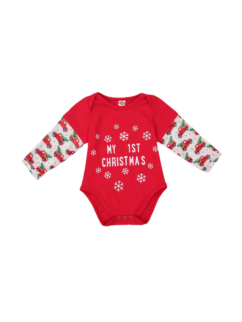 

Babyâ€™s Christmas Themed Print Jumpsuit, Toddler Girl O-neck Long Sleeve Car Pint Top Red Snow Romper 3-18Month