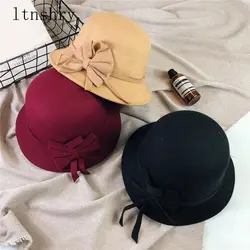 Новинка 2019 года; элегантная женская шапка с цветочным узором и круглым бантом; имитация шерсти; шляпа-ведро с бантом; винтажная шляпа с