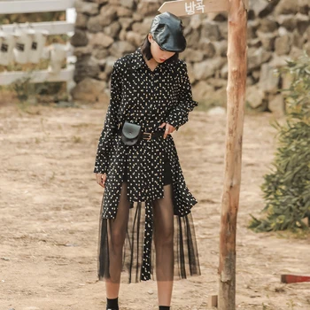 

LANMREM can ship Design Niche women cloth 2020 spring new mesh patchwork False Two Pieces Irregular dot print Shirt dress YJ021