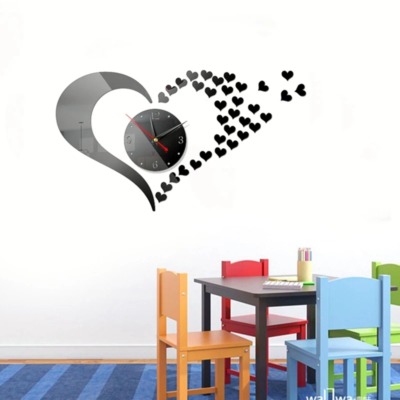

Heart 3D Large Wall Clock Creative DIY Mirror Wall Stickers Watch Modern Quartz Clocks Living Room Decoration Horloge Wall Decor