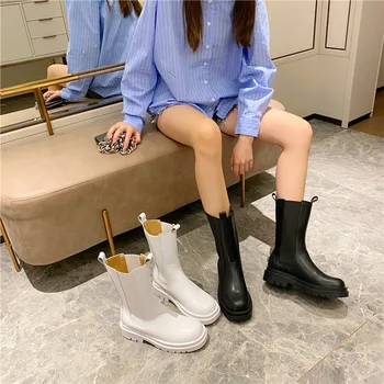 

boot girl 2020 new Korean version of spring and summer thick bottom elastic chessy boots woman thick heel medium pipe