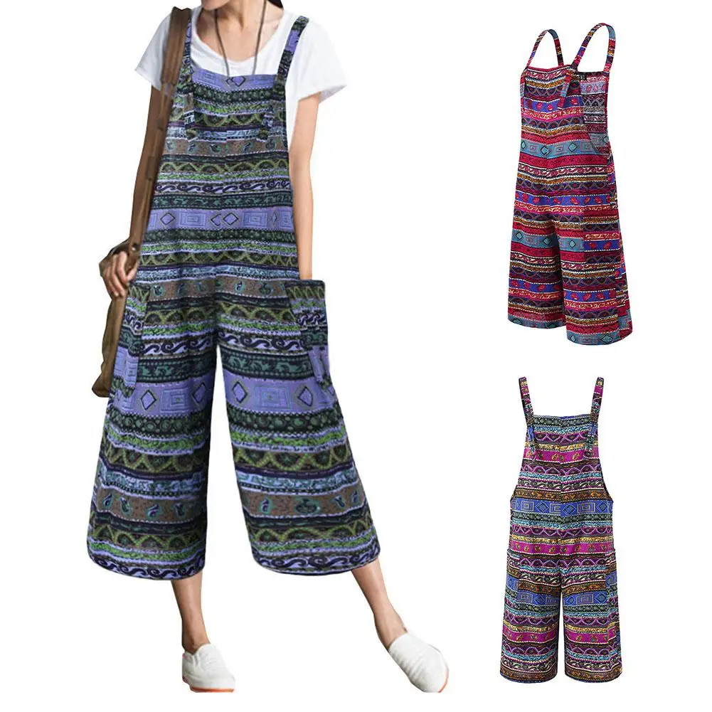 Women Retro Sleeveless Printed Pockets Bib Overall Jumpsuit Wide Leg Capri Pants suitable for work street wear travel Women Retro Sleeveless Printed Pockets Bib Overall Jumpsuit Wide Leg Capri Pants suitable for work street wear travel