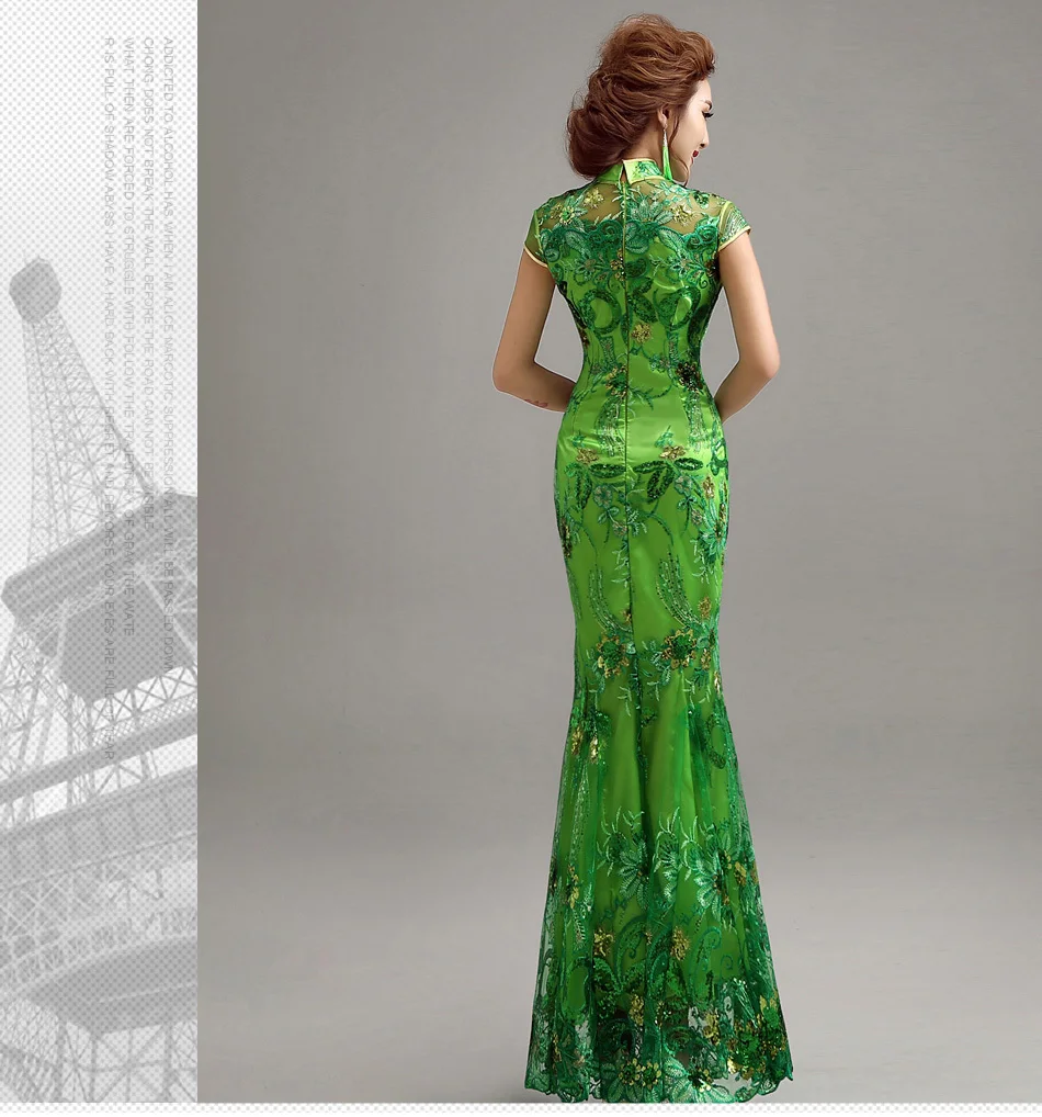 Элегантное свадебное платье Cheongsam, длинные платья, традиционная вышивка, рыбий хвост, платье с блестками, традиционная китайская вышивка, официальное платье