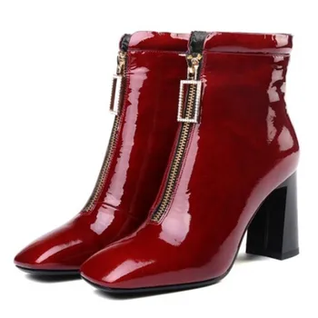 

Thick Heel Patent Leather Short Boots Square Toe Metal Zipper Autumn Winter Booties Ankle Boots Elegant High Quality Hight heels