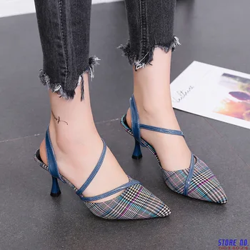 

Pumps 2020 Summer New Pointed Stiletto Women's Sandals Fashion Plaid Shoes OL Work Shoes