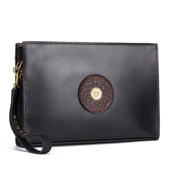

Handmade Men Vegetable Tanned Leather Black Bag Money Holder Clutch Purse Cigarette Pocket Man Eight Diagrams Clutches