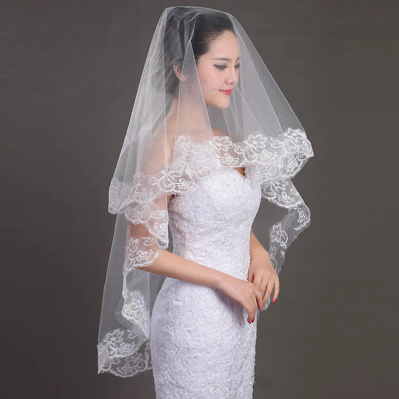 Fashion Lace Wedding Veil Simple Tulle White Ivory One Layer Bridal