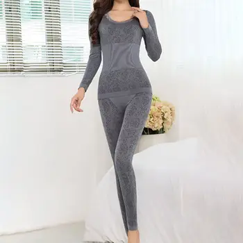 

Women Sleepwear Autumn Winter Lace Round Neck Thermal Long Thin Section Sets Lined 2 Pcs Underwear Top & Bottom Pajama SUIT