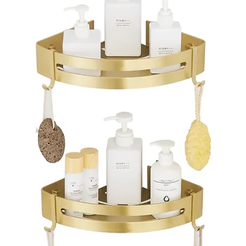 

Corner Shelf with Two Hooks Aluminum Bathroom Shelf Brushed Gold Bathroom Accessory Storage Organizer Rack Holder