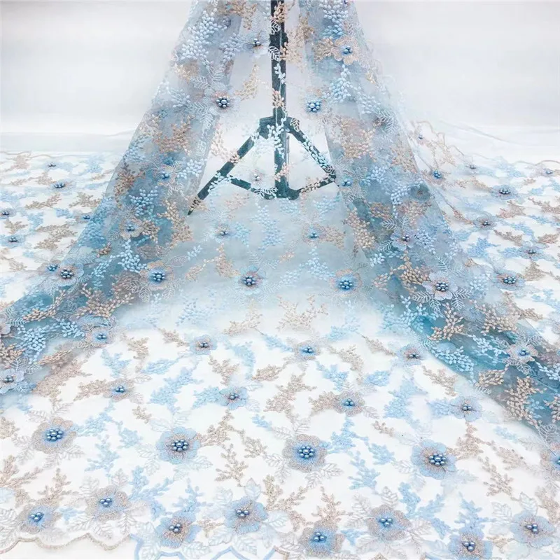 

African Beaded Lace Fabric Embroidered Nigerian Laces Fabric 2020High Quality Blue French Tulle Lace Fabric For Women
