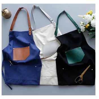 

New Fashion Barber Cotton Aprons for Women Men Adjustable Leather Strap Apron with Leather Pocket and Center Pockets Pinafore