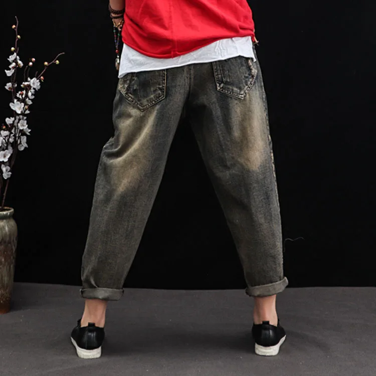 Personalized Character Patchwork Denim Harem Pants For Women National Vitnage Hole Ripped Jeans Woman Washed Embroidery Trousers