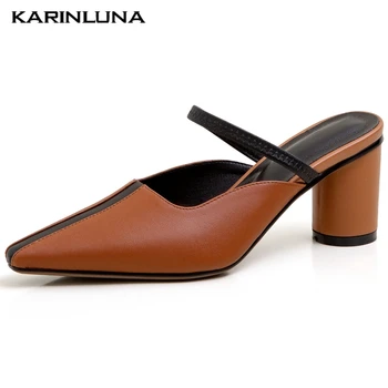 

Karinluna On Sale New INS Hot Genuine Leather High Heels Summer Sandals Slipper Mules Skin Pumps Woman Shoes Women