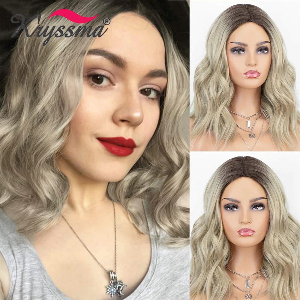 

Kryssma Ombre Blonde Wig Mixed Black Short Bob Wavy Synthetic Wigs Cosplay Wigs For Women Middle Part Wig For Halloween Party