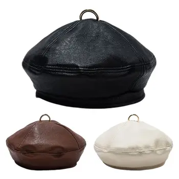 

Retro Britich Style Women Girl Faux Leather Beret Cap Solid Color Metal Ring Top Adjustable Casual Classic Painter Octagonal Cap