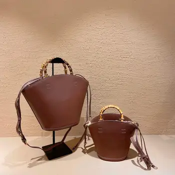 

New high quality leather fashion versatile trend bucket bag wooden handle Handbag Shoulder Bag Messenger Bag women's bag