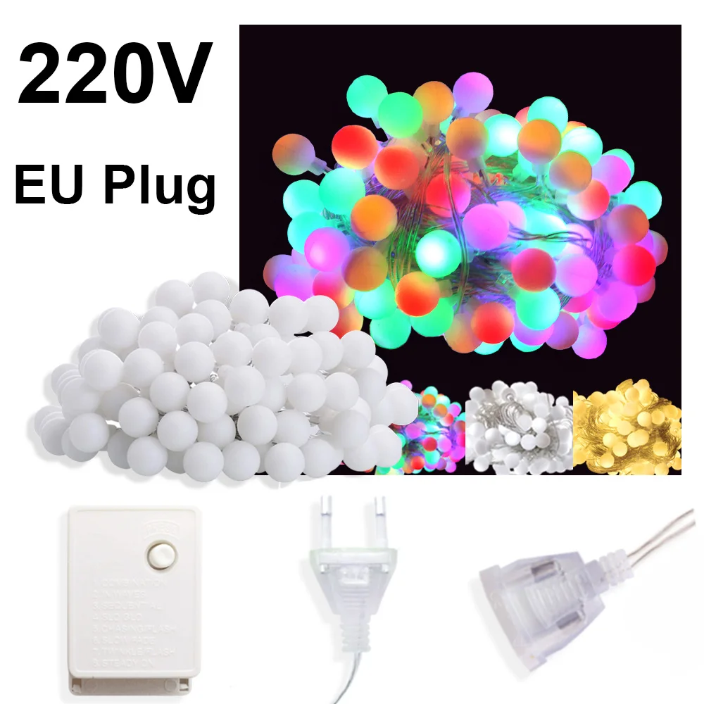 

220V 10M LED Ball String Lights New Year Christmas garlands Waterproof Fairy Lights with 8 Modes for Bedroom, Garden, Party