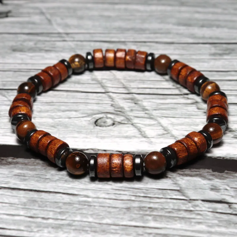 Trendy Mens Bracelet Set Antique Wenge Wood Brazalete For Homme Natural Small Tiger eye Braclet Stone Charm Hematite Braslet | Украшения и