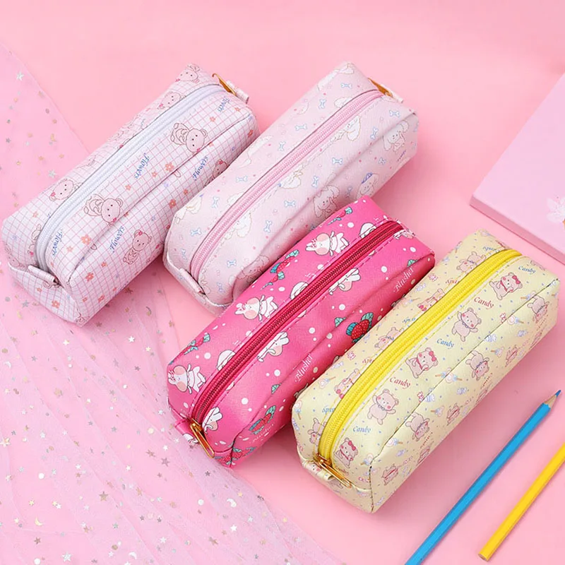 Cute Girly Heart Strawberry Rabbit Pencil Case Pu Student Creative High Capacity Storage Stationery Pen Box Bag | Канцтовары для