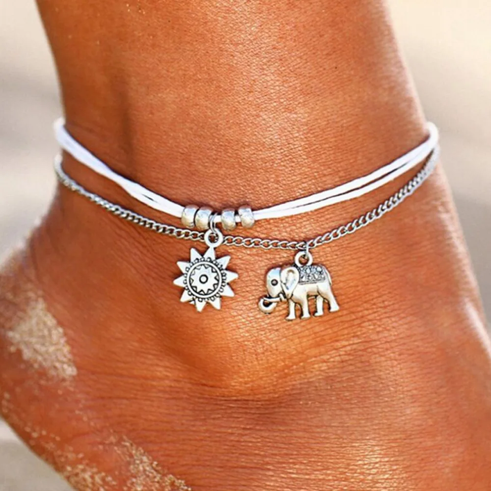 

Europe And America Fashion And Personality Wax Yarn Anklet Elephant Sunflower Geometry Retro Multilayer Simple Women's Foot Orna