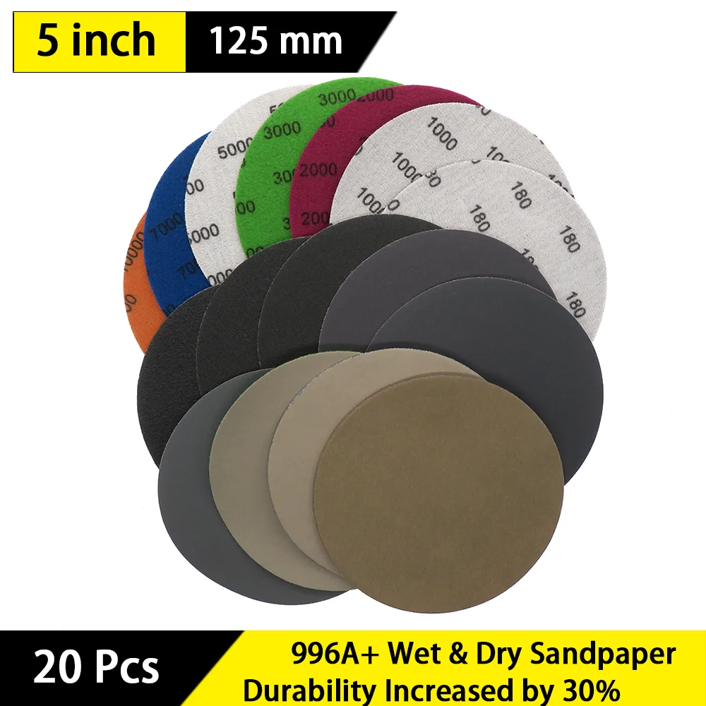 20pcs 5 Inch(125mm) Sandpaper High Performance Heavy Duty Silicon Carbide Wet&ampDry Hook and Loop Sanding Discs | Инструменты