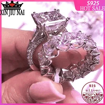 

100% S925 Sterling Silver Europe and America Hot Sale Flash Diamond Square One Carat Sweet Romantic Couple Ring Luxury Jewelry