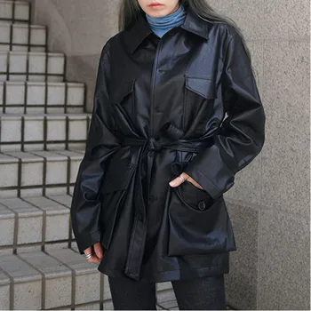 

LANMREM Solid Color Single-breasted Long-sleeved Pocket Slim Belt PU Leather Jacket Clothing 2020 Spring quality Coat TV516