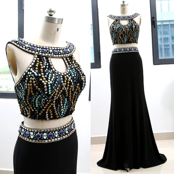 

MACloth Black Sheath O Neck Floor-Length Long Crystal Jersey Prom Dresses Dress M 263677 Clearance