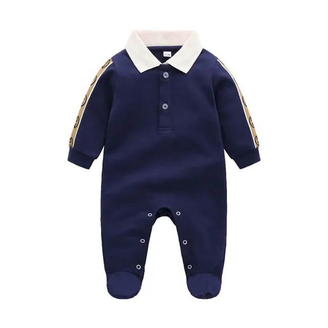 New spring autumn fashion brand style newborn baby clothes dark blue knitted cotton long-sleeved boy and girl romper 0-24 months Navy blue