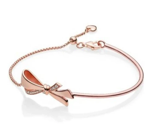 925 пробы серебряный браслет Розовый Блестящий бант шаровая застежка Регулировка браслета подходит для женщин шарик шарм Diy ювелирные изделия